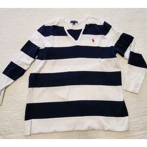 Ralph Lauren Striped Sweater V Neck Navy Blue White 100% Cotton Size XL
